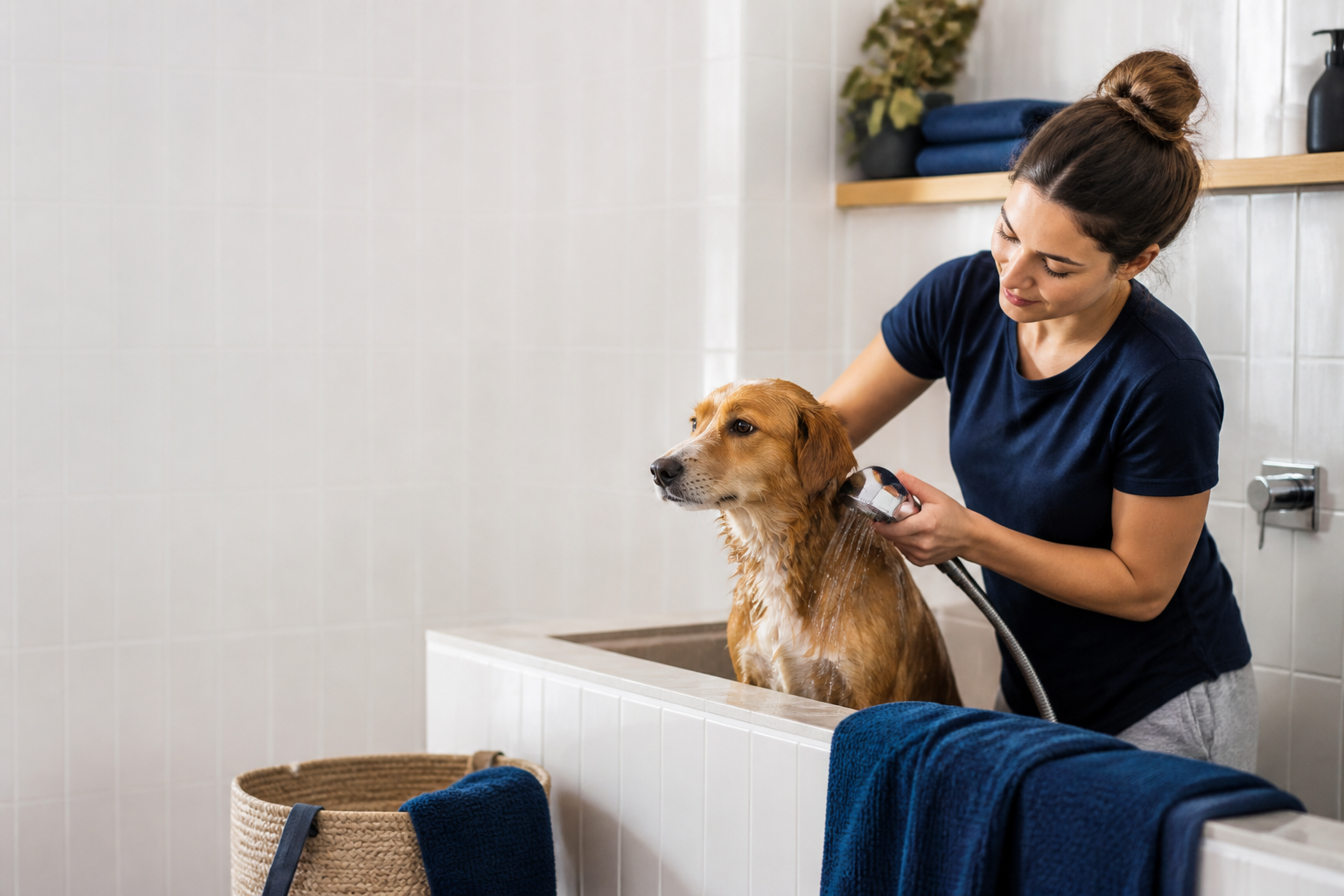 Concept lifestyle image of a dog being bathed